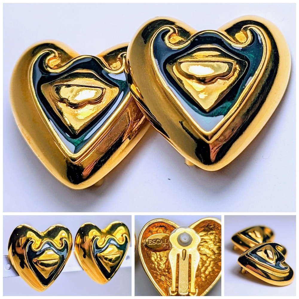 Fabulous 1990's Deep Green Enamel and Gold Toned Escada Clip-On Heart Earrings